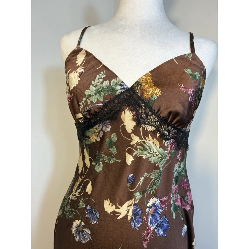 Good Luck Gem Slip Maxi Dress With Black Lace Sz M Brown Floral Y2K Dark Fairy - Picture 2 of 12